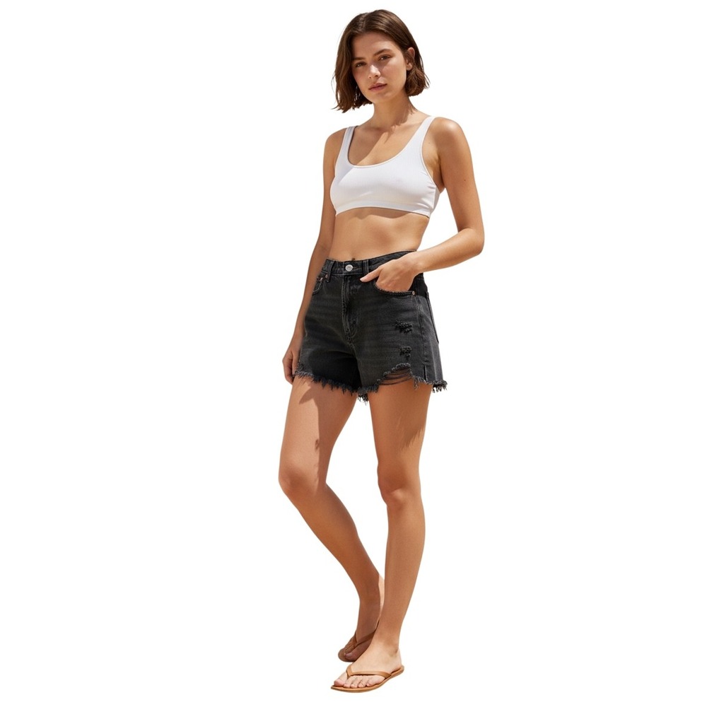Abercrombie & Fitch Curve Love High Rise Cutoff Shorts Black Distressed Denim 26